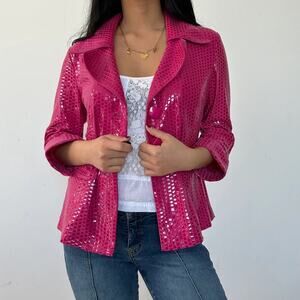 Clara S. Vintage 90s Pink Sequin Vinyl Jacket Blazer Small Barbie Glam Retro Y2k